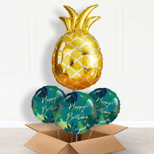 Giant Pineapple Shaped Foil Balloon in a Box - With 3 Themed Balloons | Small Indoor Plants