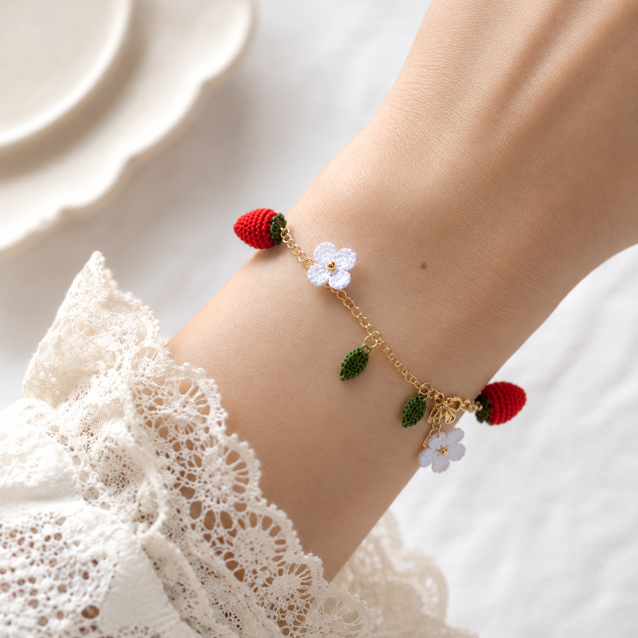 Strawberries Bracelet Crochet Gift