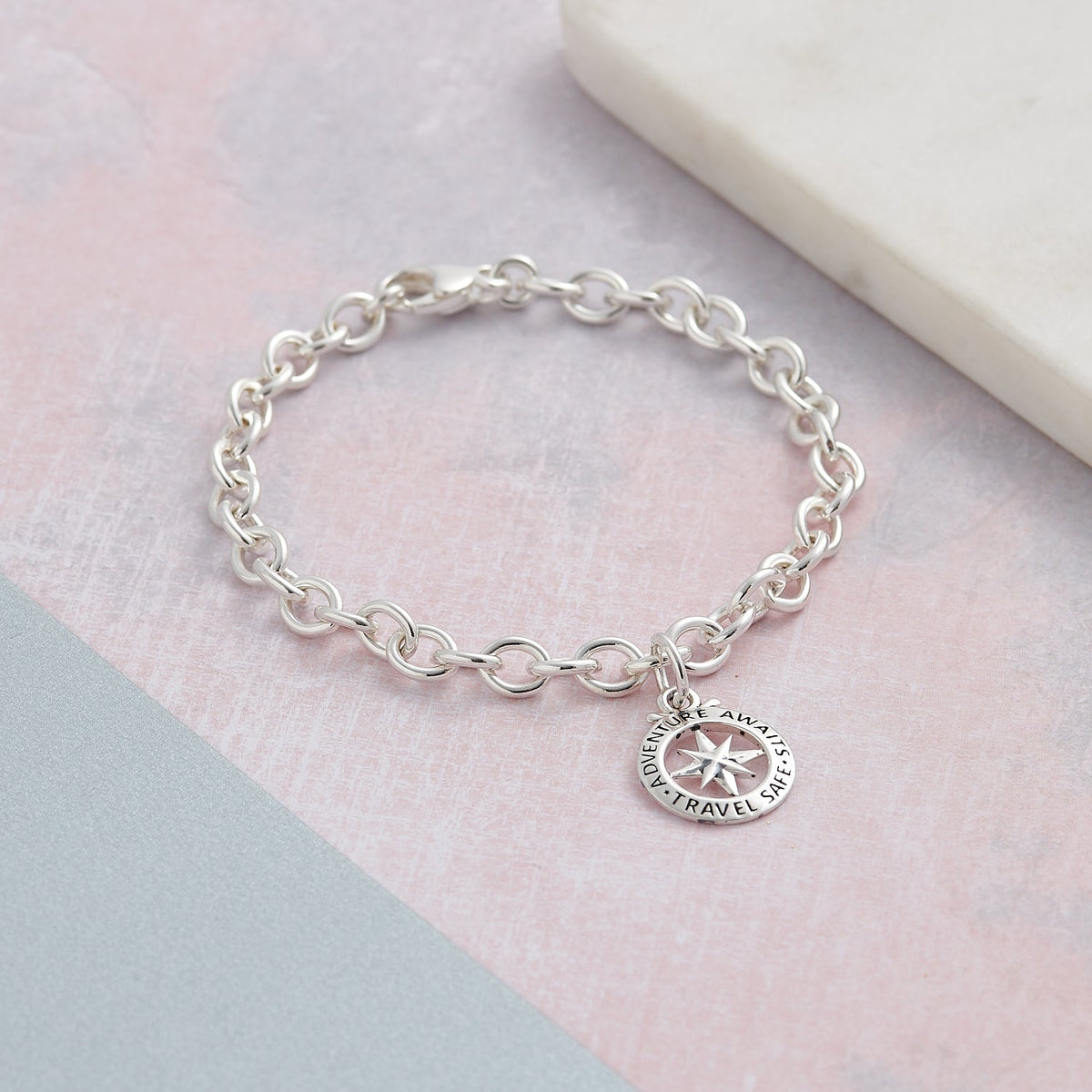 Travel Safe Outline Compass Silver Charm