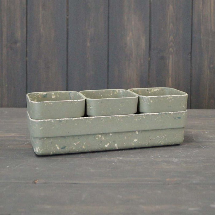 Sustainable Sage Green Terrazzo Bamboo Trio Pots with Tray 23cm x 7.5cm H7.5cm