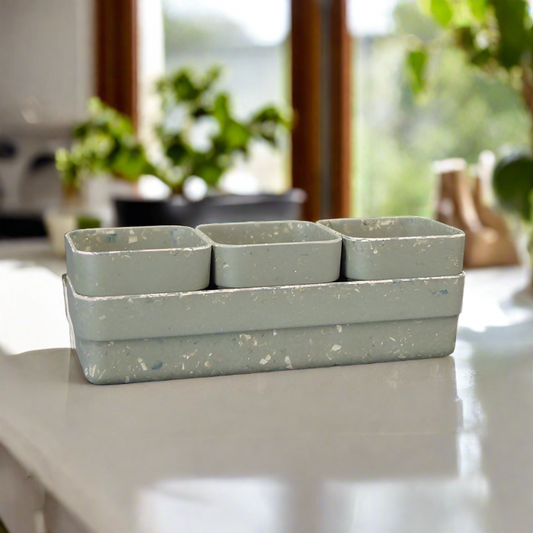 Sustainable Sage Green Terrazzo Bamboo Trio Pots with Tray in kitchen