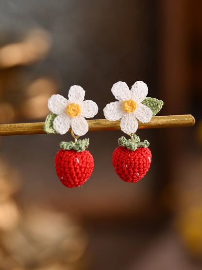 Strawberry Bloom Micro Crochet Earrings Handcrafted Gift