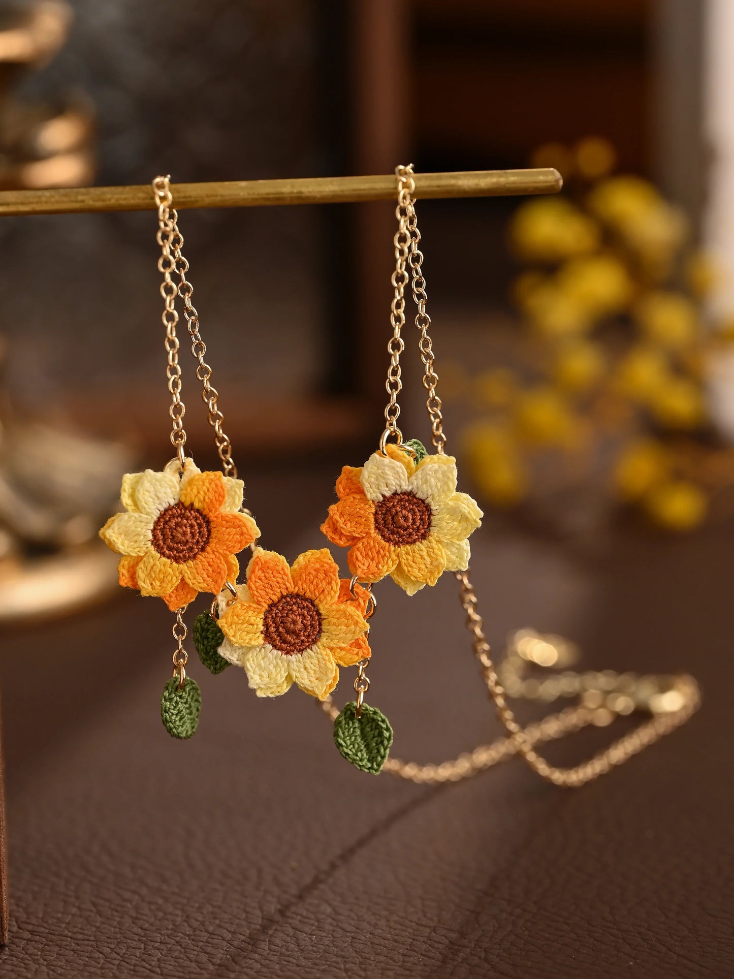 Triple Sunflower Necklace Handmade Crocket Flower Gift