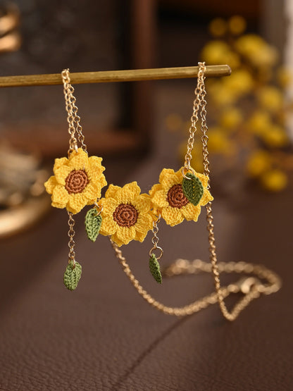 Triple Sunflower Necklace Handmade Crocket Flower Gift