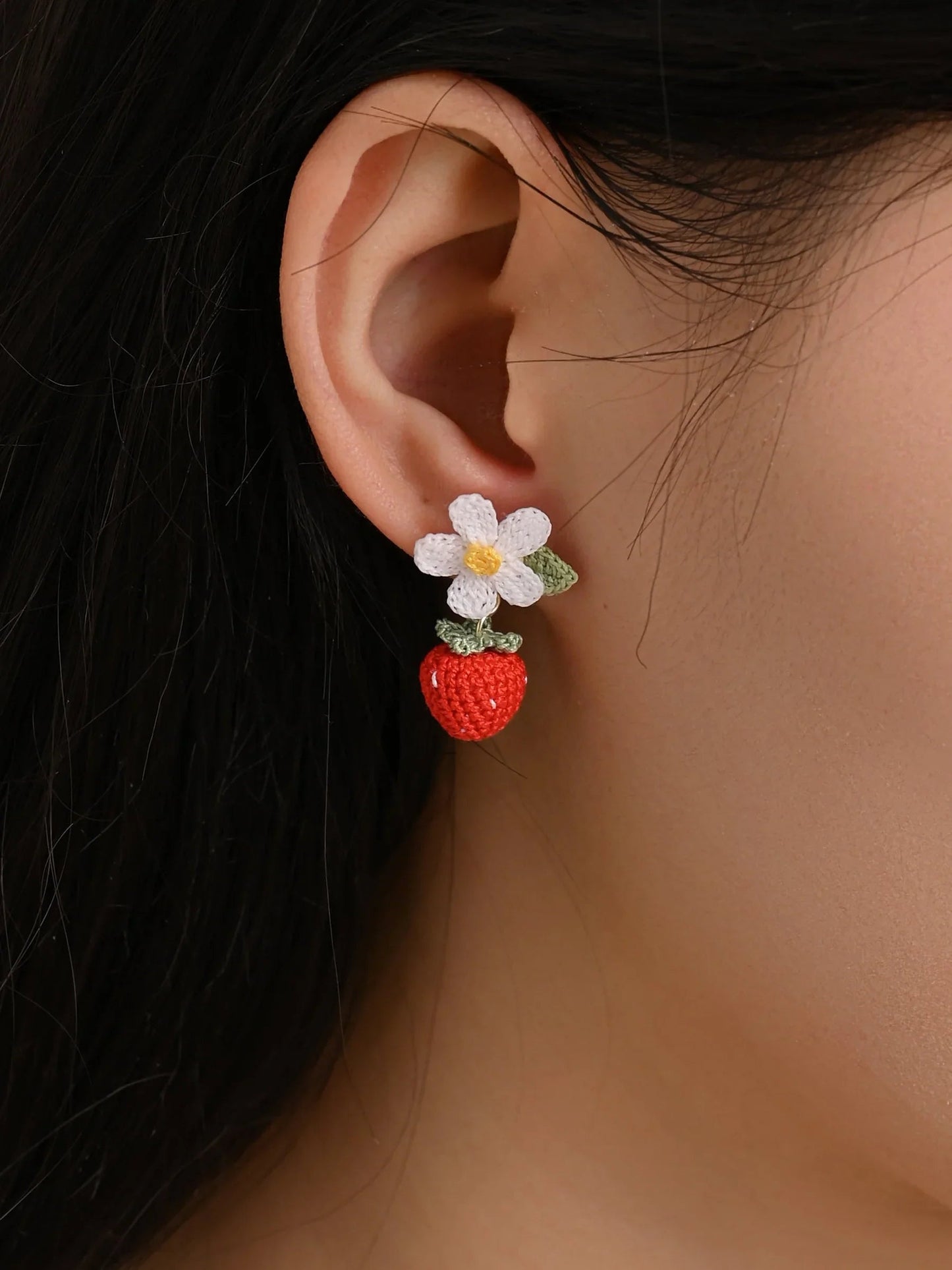 Strawberry Bloom Micro Crochet Earrings Handcrafted Gift