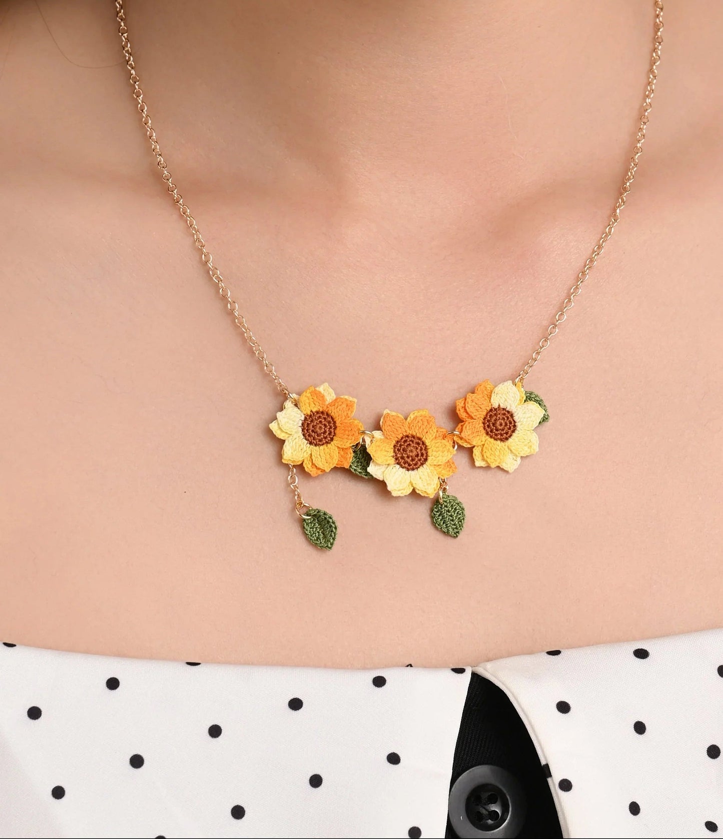 Triple Sunflower Necklace Handmade Crocket Flower Gift