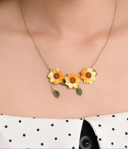 Triple Sunflower Necklace Handmade Crocket Flower Gift