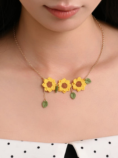 Triple Sunflower Necklace Handmade Crocket Flower Gift