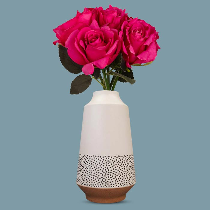 Artificial Dark Pink Roses Bouquet in a Off-White Nordic Vase