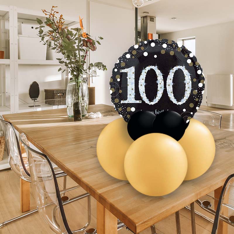 Black and Gold Table Decorations for 100th Birthday Party - Air Filled Centrepiece | Small Indoor Plants