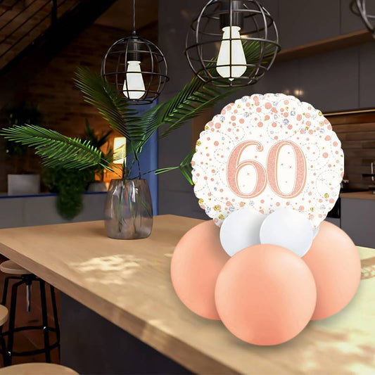 Rose Gold 60th Birthday Table Decorations - Air Filled Centrepiece | Small Indoor Plants