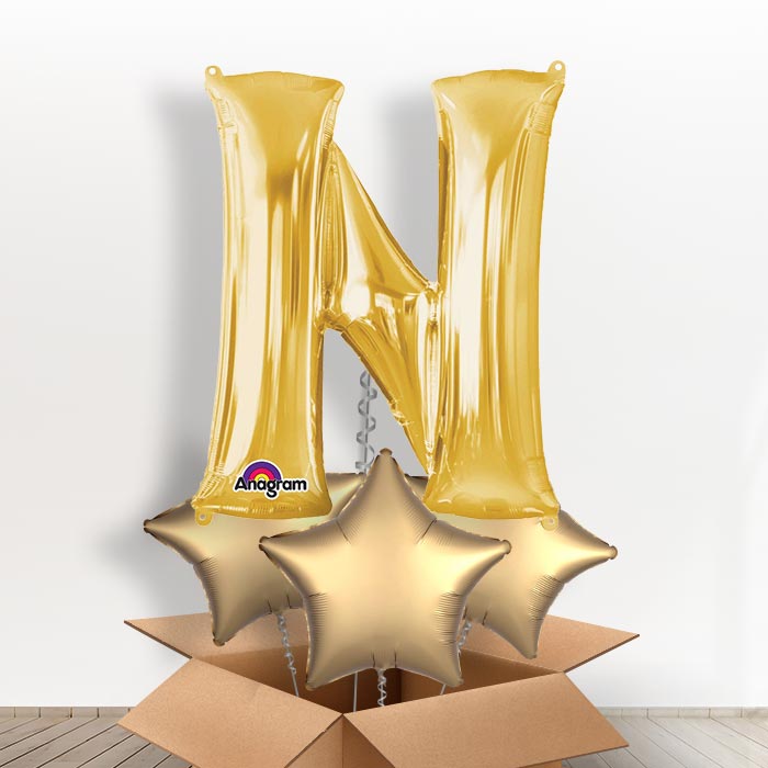 Personalised Letter N Balloon in a Box - Gold