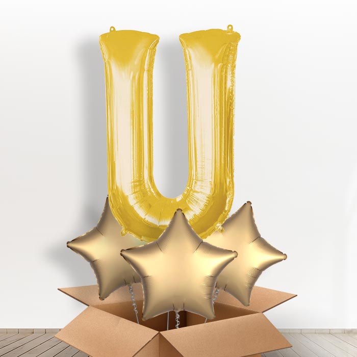 Personalised Letter U Balloon in a Box - Gold