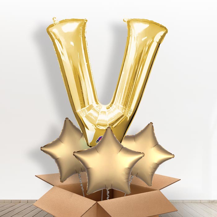 Personalised V Balloon in a Box - Gold