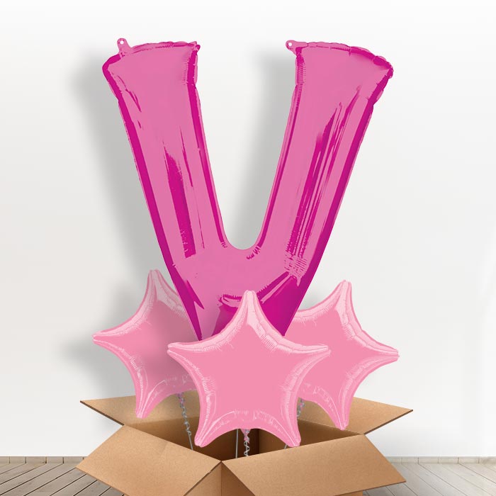 Personalised Letter V Balloon in a Box - Pink