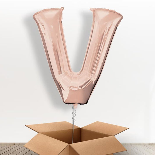 Personalised V Balloon in a Box - Rose Gold