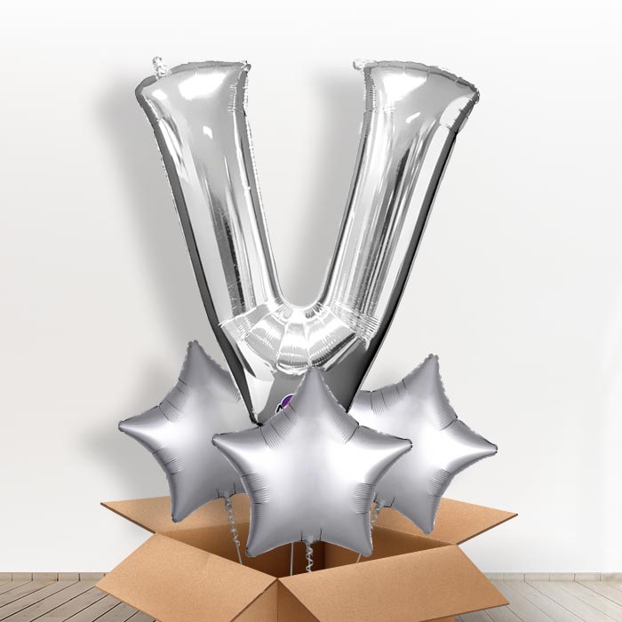 Personalised Letter V Balloon in a Box - Silver