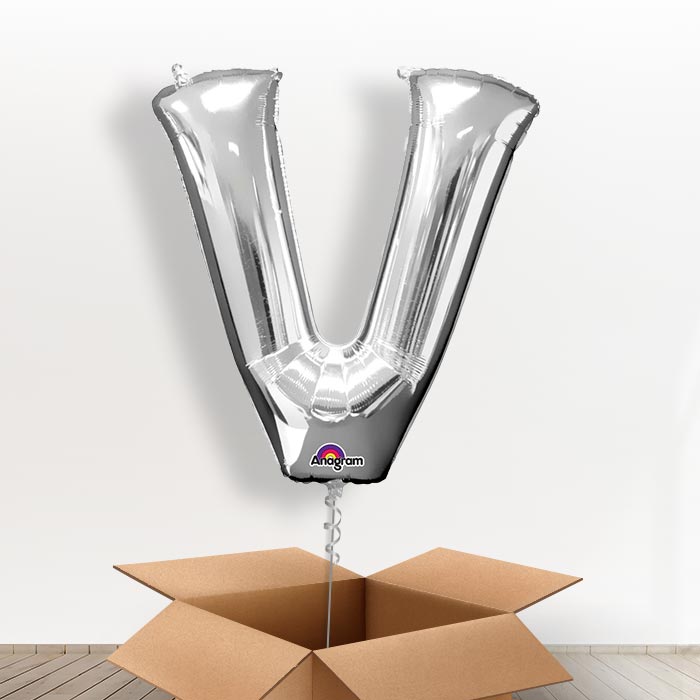 Personalised Letter V Balloon in a Box - Silver