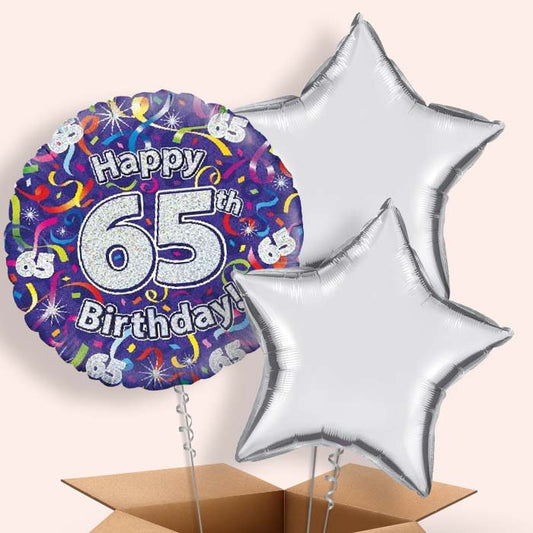 Purple Streamers Happy 65th Birthday  Balloon in a Box - 3 Balloon | Small Indoor Plants