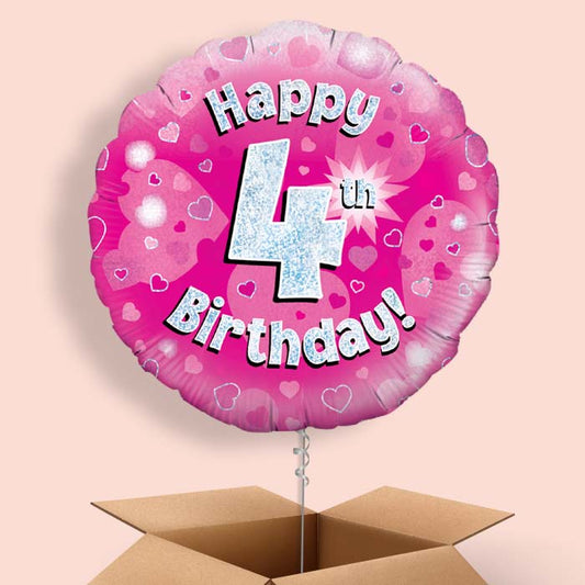 Happy 4th Birthday Pink Hearts Balloon in a Box