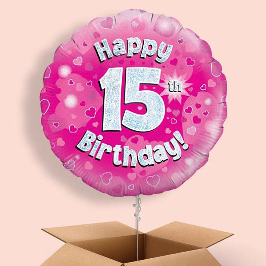 Happy 15th Birthday Pink Hearts Balloon in a Box