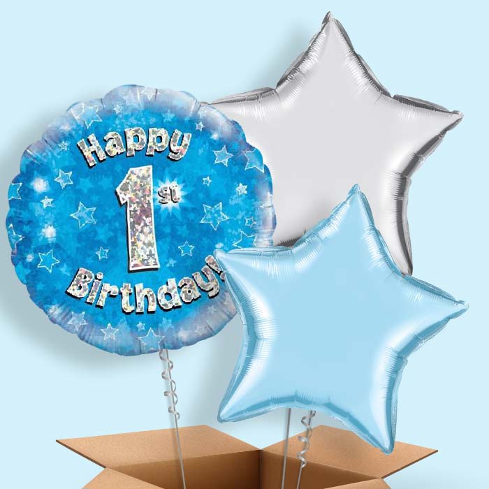 Blue Star 1st Birthday Balloons Delivered in a Box