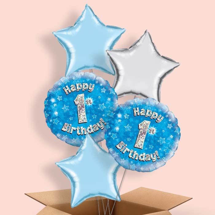 Blue Star 1st Birthday Balloons Delivered in a Box