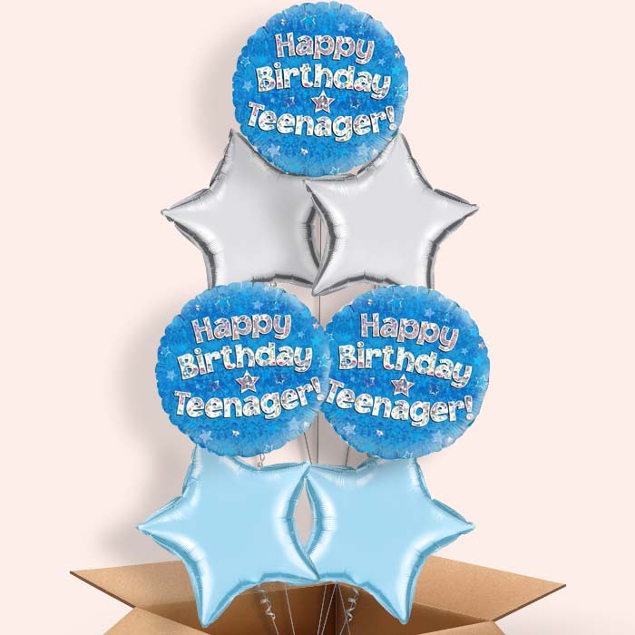 Happy Birthday Teenager Blue Stars Balloon in a Box