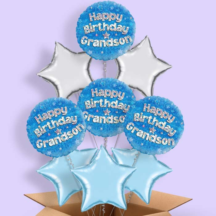 Happy Birthday Grandson Blue Stars Balloon in a Box