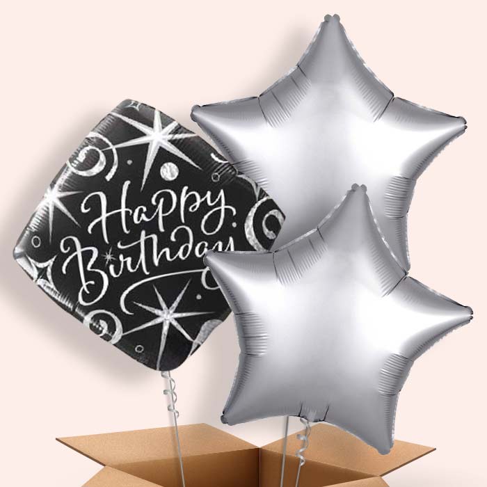 Black and Silver Happy Birthday Balloons in a Box