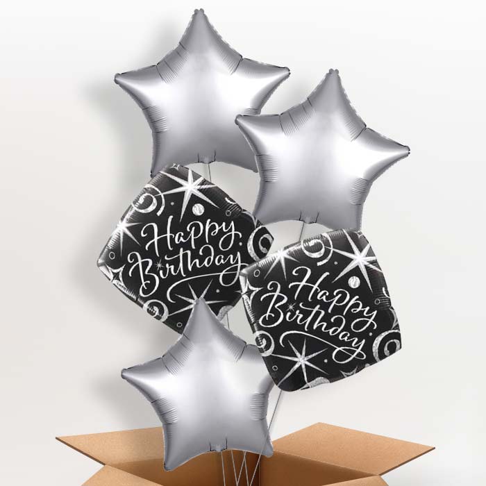 Black and Silver Happy Birthday Balloons in a Box