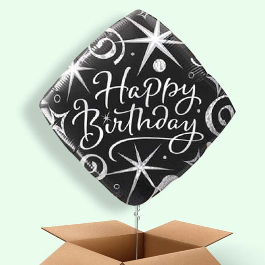 Black and Silver Happy Birthday Balloons in a Box