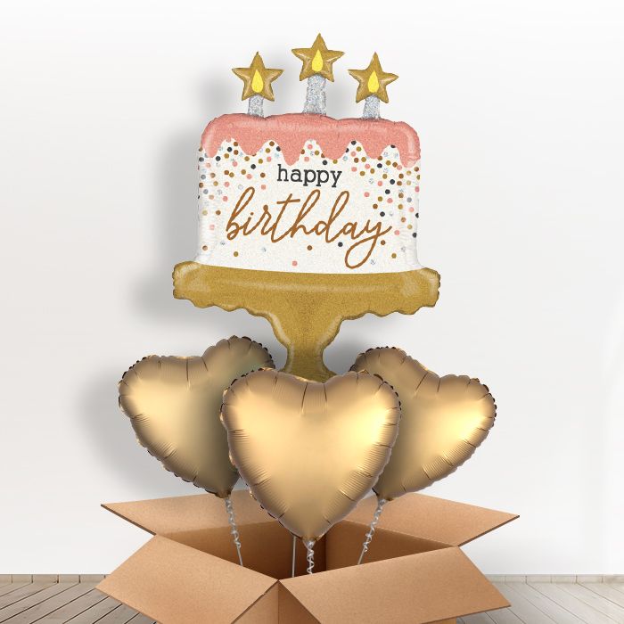 Birthday Cake Balloons in a Box - Rose Gold - With 3 Themed Balloons | Small Indoor Plants