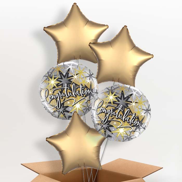 Silver & Gold Congratulations Helium Balloon in a Box - 5 Balloons | Small Indoor Plants