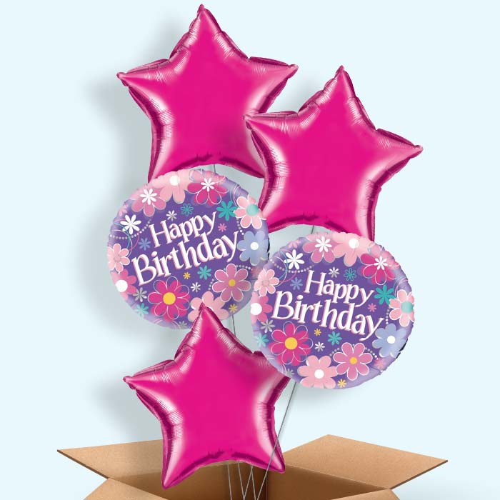 Flowers Happy Birthday Balloon in a Box - 5 Balloon | Small Indoor Plants