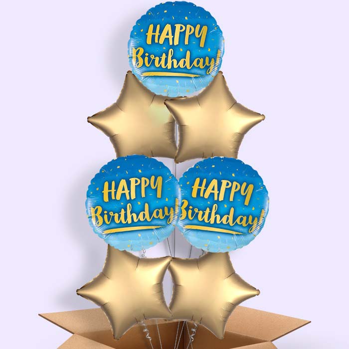 Blue and Gold Balloon Bouquet Happy Birthday