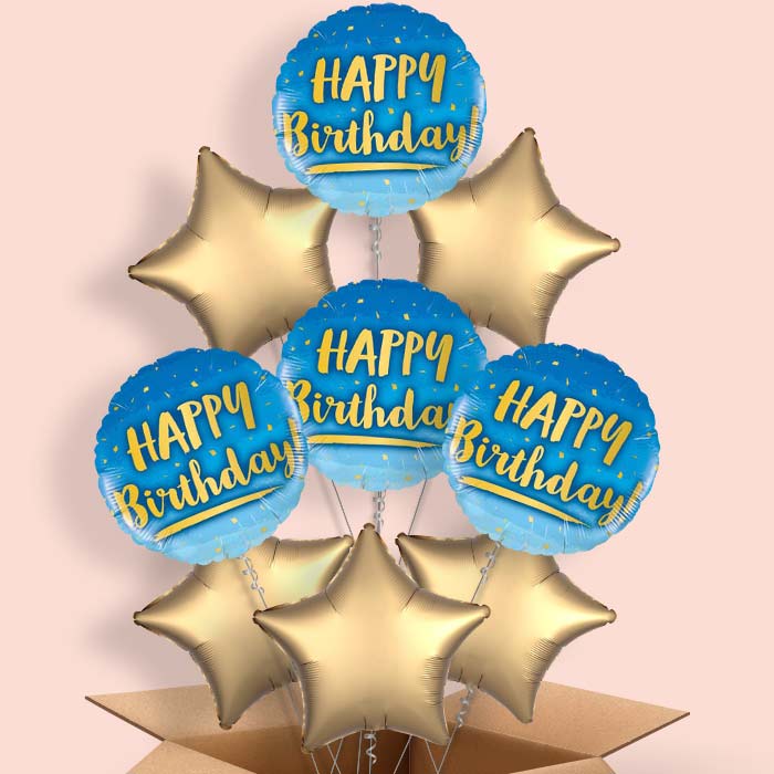 Blue and Gold Balloon Bouquet Happy Birthday