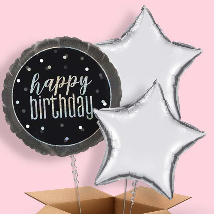 Black and Silver Holographic Happy Birthday Balloon in a Box