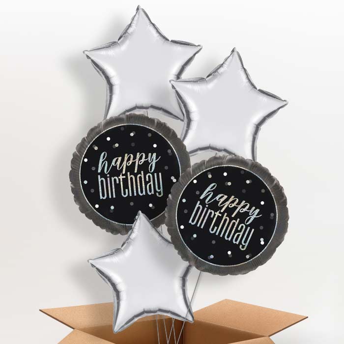 Black and Silver Holographic Happy Birthday Balloon in a Box