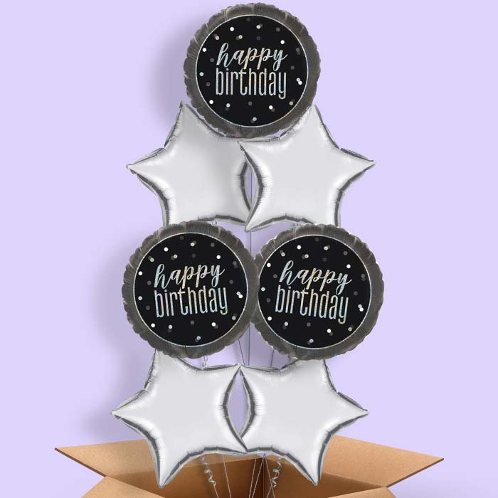 Black and Silver Holographic Happy Birthday Balloon in a Box