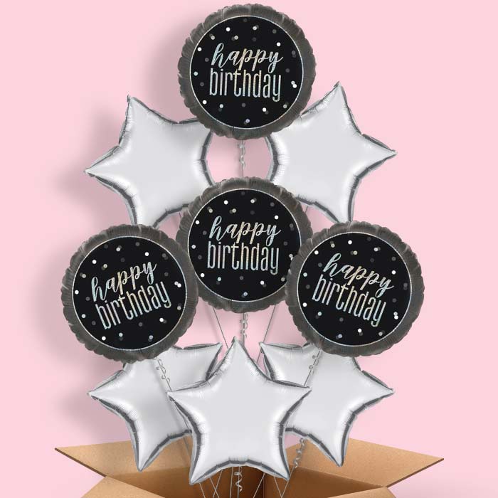 Black and Silver Holographic Happy Birthday Balloon in a Box