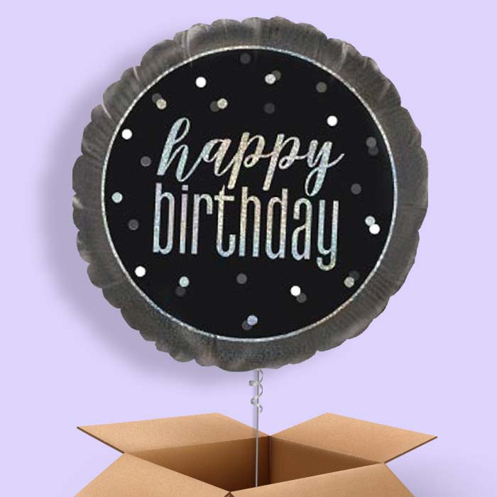 Black and Silver Holographic Happy Birthday Balloon in a Box