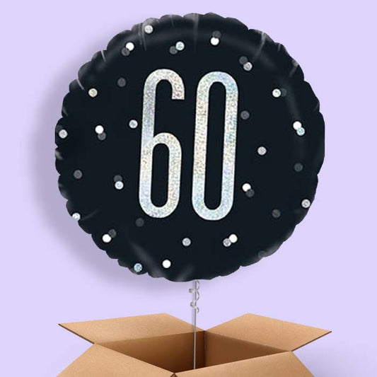 60th Birthday Balloon in a Box - Black and Silver