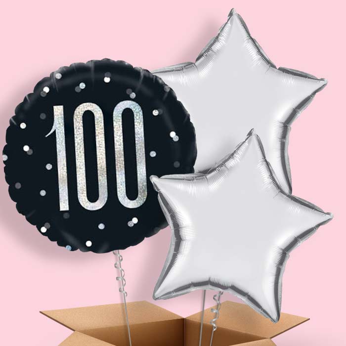 Black & Silver 100th Birthday Balloon in a Box