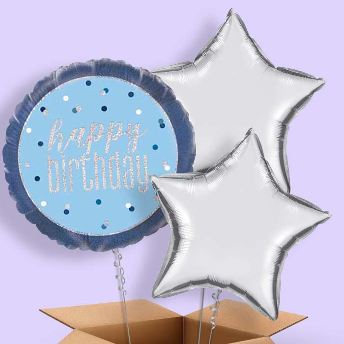 Blue and Silver Holographic Happy Birthday Balloon in a Box