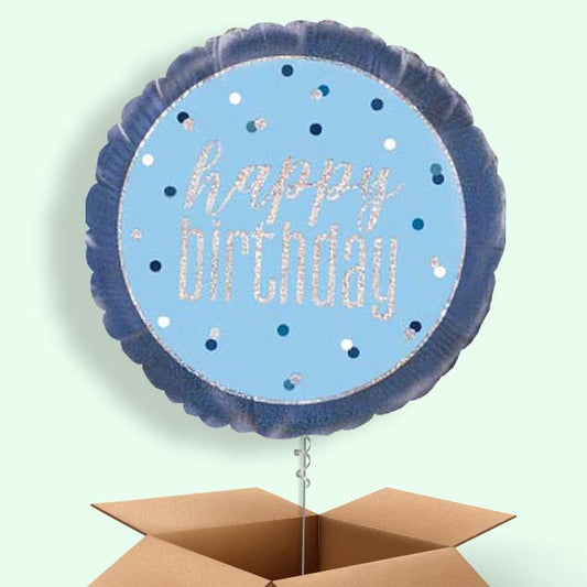 Blue and Silver Holographic Happy Birthday Balloon in a Box