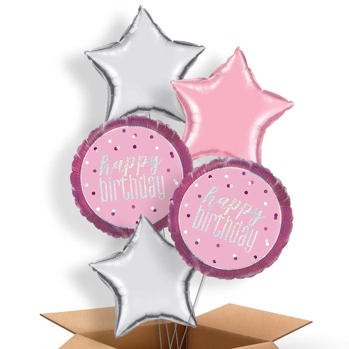 Pink and Silver Holographic Happy Birthday Balloon in a Box