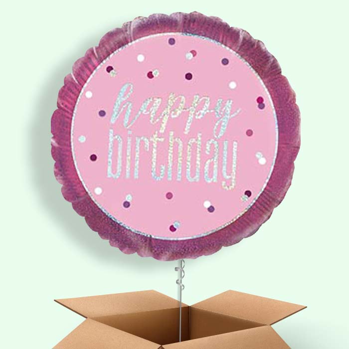 Pink and Silver Holographic Happy Birthday Balloon in a Box