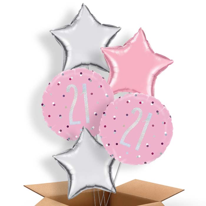 21st Balloons Delivered in a Box - Pink Silver