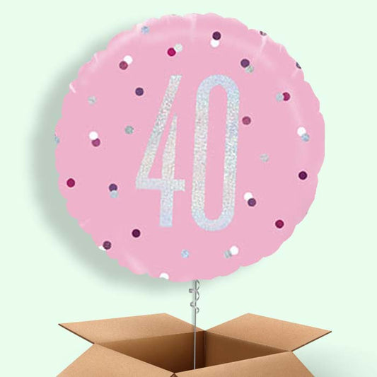 40th Birthday Balloons in a Box - Pink and Silver